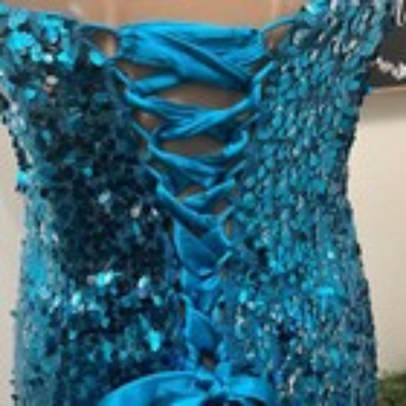 Sean Collection Sequined Lattice Back Mermaid Gown Dress Strapless Aqua Teal 10 - Picture 3 of 14